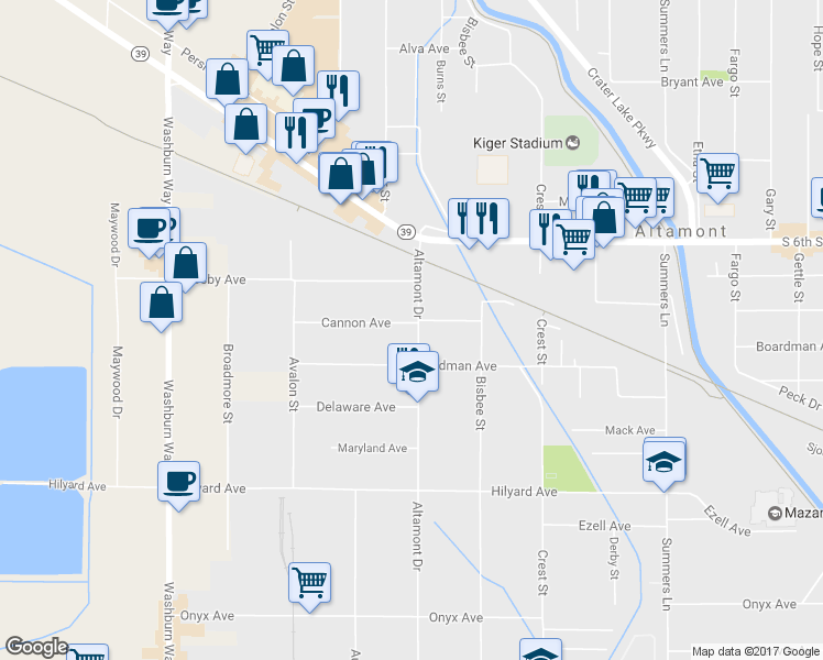 map of restaurants, bars, coffee shops, grocery stores, and more near 2610 Altamont Drive in Klamath Falls
