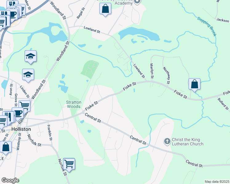 map of restaurants, bars, coffee shops, grocery stores, and more near 116 Fiske Street in Holliston