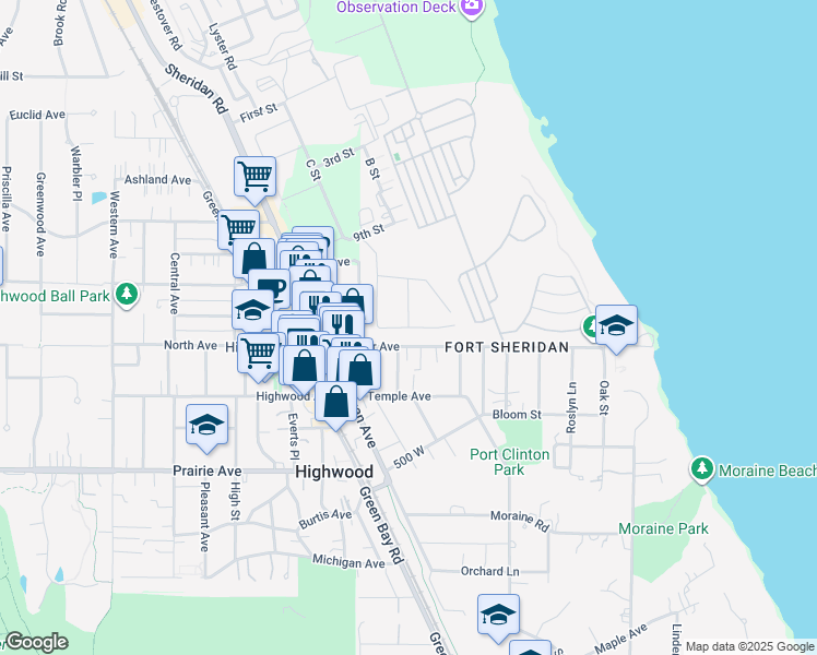 map of restaurants, bars, coffee shops, grocery stores, and more near 11th Street in Highland Park