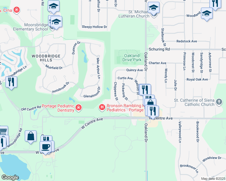map of restaurants, bars, coffee shops, grocery stores, and more near 7800 Chippewa Street in Portage