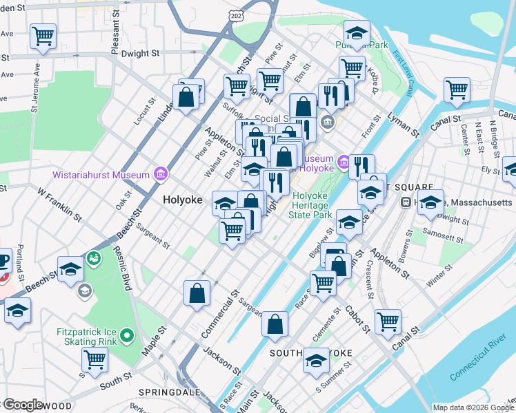 map of restaurants, bars, coffee shops, grocery stores, and more near 328 Maple Street in Holyoke