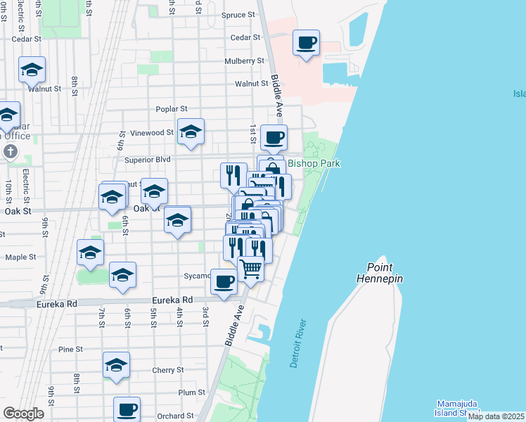 map of restaurants, bars, coffee shops, grocery stores, and more near 2926 Biddle Avenue in Wyandotte