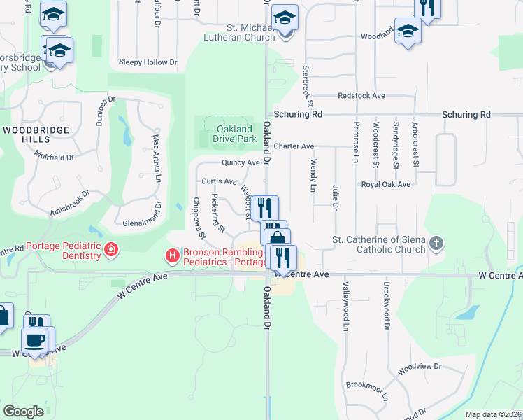 map of restaurants, bars, coffee shops, grocery stores, and more near 7744 Oakland Drive in Portage