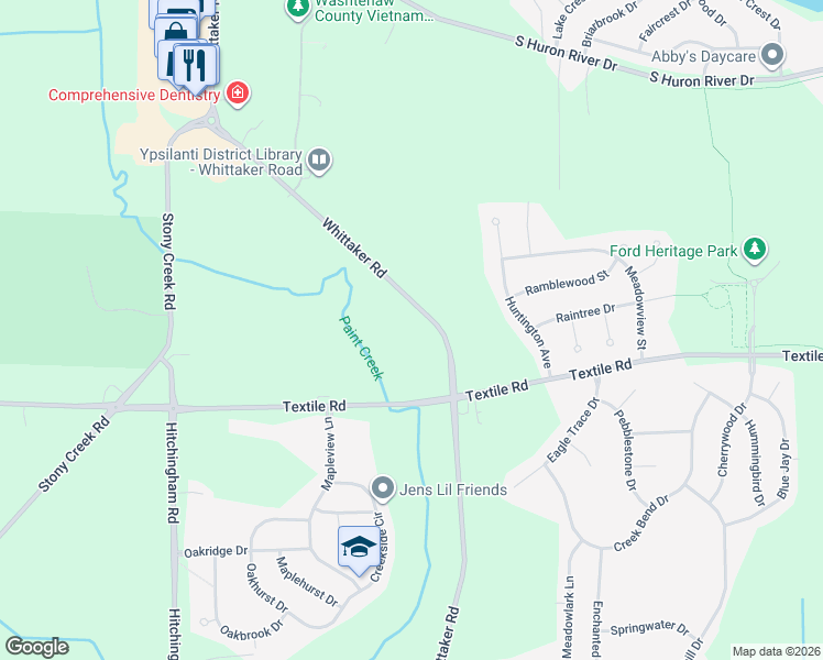 map of restaurants, bars, coffee shops, grocery stores, and more near 5880 Whittaker Road in Ypsilanti