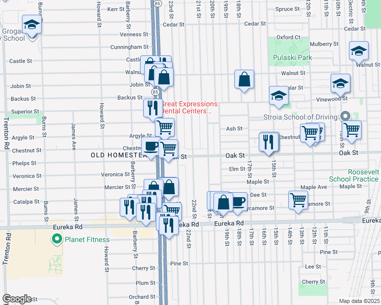 map of restaurants, bars, coffee shops, grocery stores, and more near 2204 Oak Street in Wyandotte