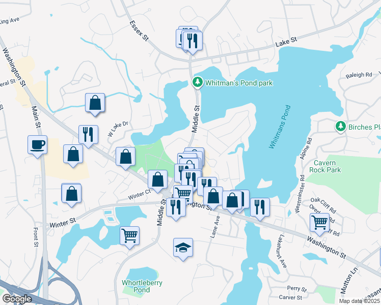 map of restaurants, bars, coffee shops, grocery stores, and more near 590 Middle Street in Weymouth