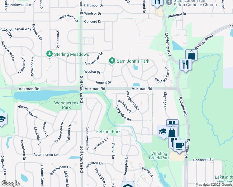 map of restaurants, bars, coffee shops, grocery stores, and more near 1301 Bridgedale Road in Crystal Lake