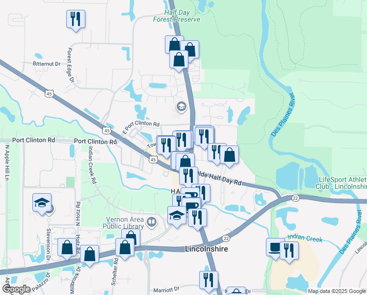 map of restaurants, bars, coffee shops, grocery stores, and more near 1250 South Milwaukee Avenue in Vernon Hills