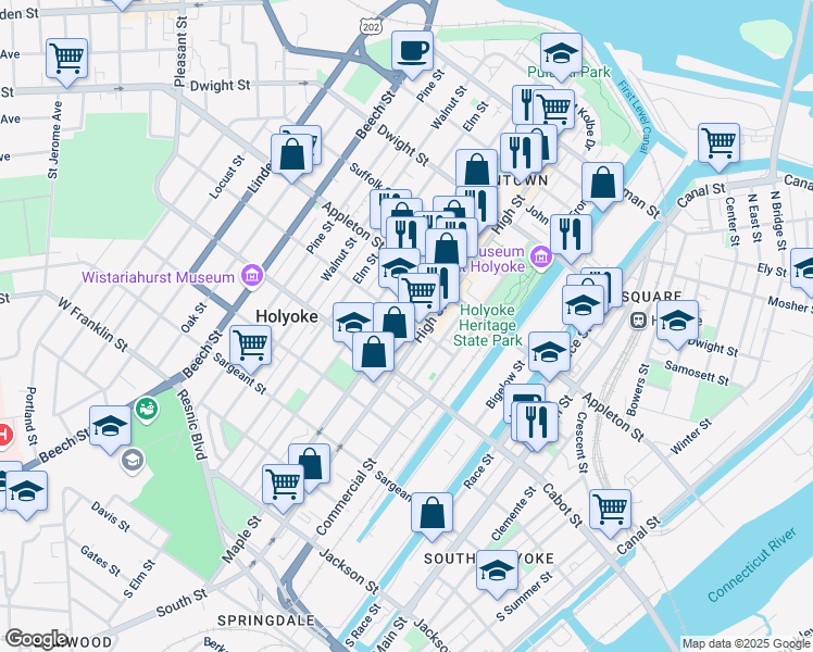 map of restaurants, bars, coffee shops, grocery stores, and more near 72 Essex Street in Holyoke