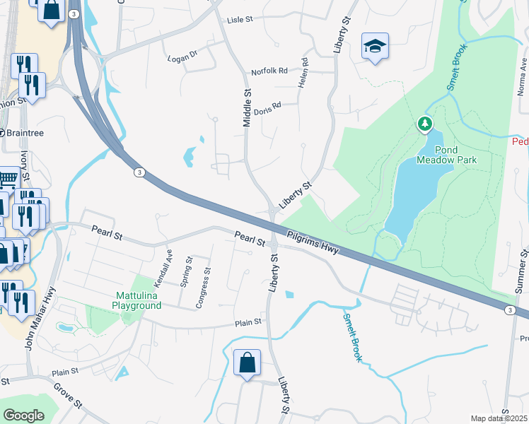 map of restaurants, bars, coffee shops, grocery stores, and more near Pearl Place in Braintree