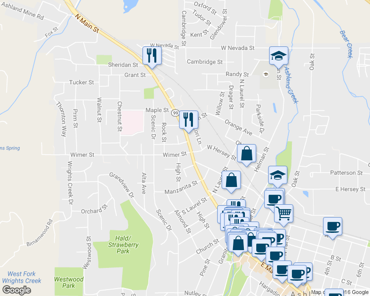 map of restaurants, bars, coffee shops, grocery stores, and more near 72 Nursery Street in Ashland