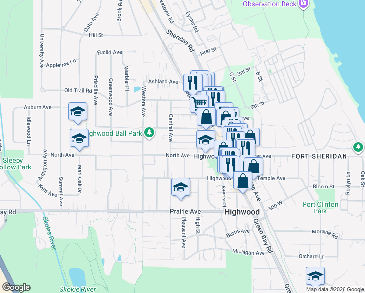 map of restaurants, bars, coffee shops, grocery stores, and more near 233 Llewellyn Avenue in Highwood