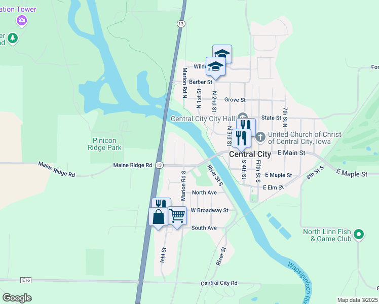 map of restaurants, bars, coffee shops, grocery stores, and more near 57 North River Street in Central City