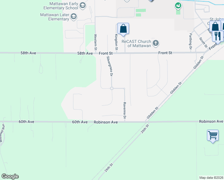 map of restaurants, bars, coffee shops, grocery stores, and more near 59103 Silvergrass Drive in Mattawan