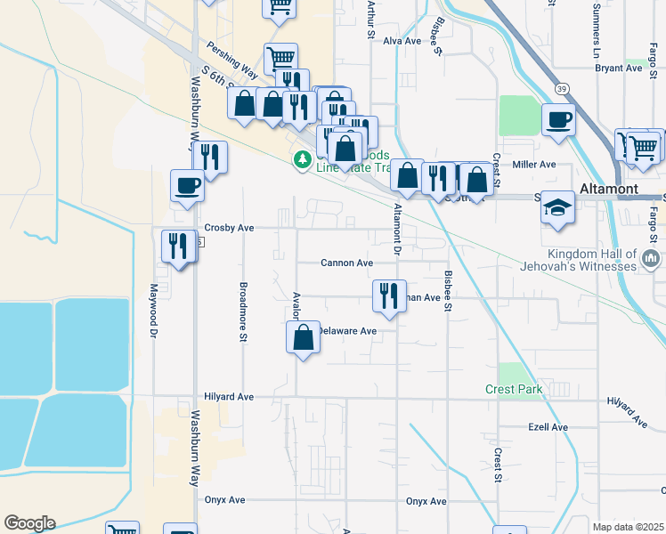 map of restaurants, bars, coffee shops, grocery stores, and more near 3114 Cannon Avenue in Klamath Falls