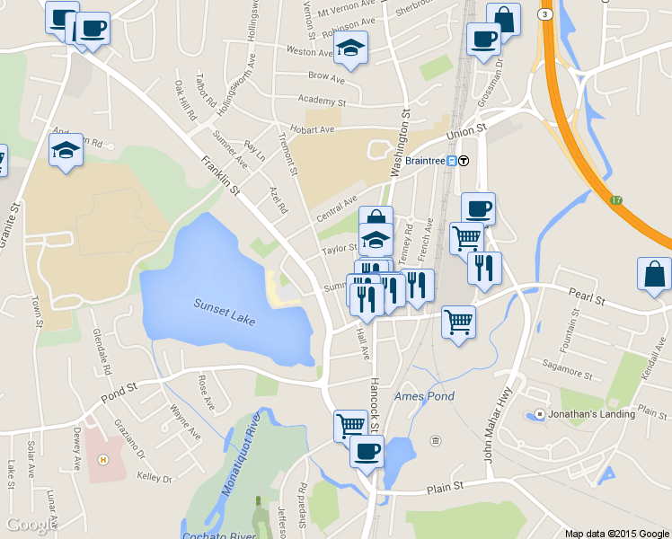 map of restaurants, bars, coffee shops, grocery stores, and more near 57 Tremont Street in Braintree