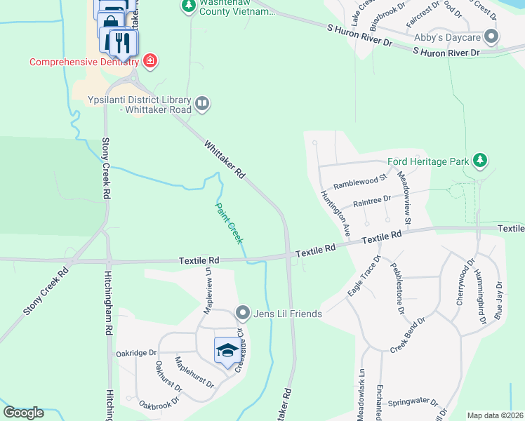 map of restaurants, bars, coffee shops, grocery stores, and more near 5880 Whittaker Road in Ypsilanti