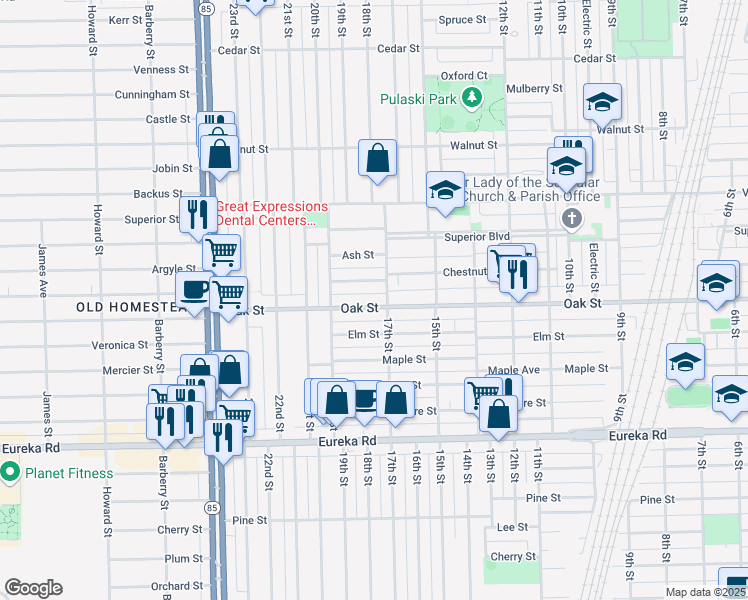map of restaurants, bars, coffee shops, grocery stores, and more near 1728 Oak Street in Wyandotte
