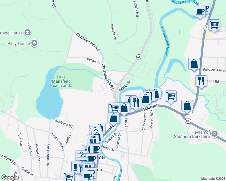 map of restaurants, bars, coffee shops, grocery stores, and more near 4 Christian Hill Road in Great Barrington