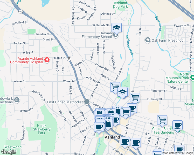map of restaurants, bars, coffee shops, grocery stores, and more near 311 N Laurel St in Ashland