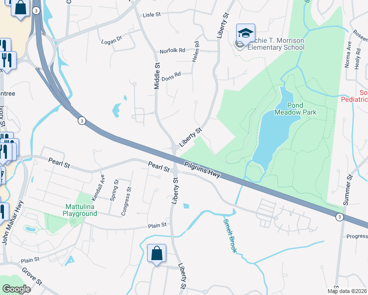 map of restaurants, bars, coffee shops, grocery stores, and more near 508 Liberty Street in Braintree