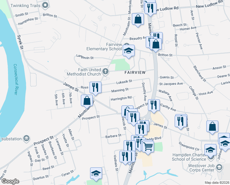 map of restaurants, bars, coffee shops, grocery stores, and more near 87 Manning Street in Chicopee