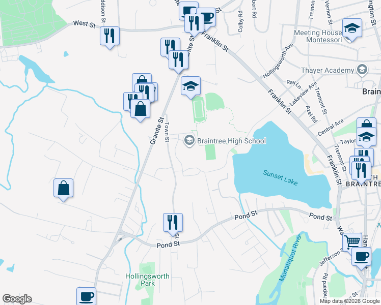 map of restaurants, bars, coffee shops, grocery stores, and more near 128 Town Street in Braintree