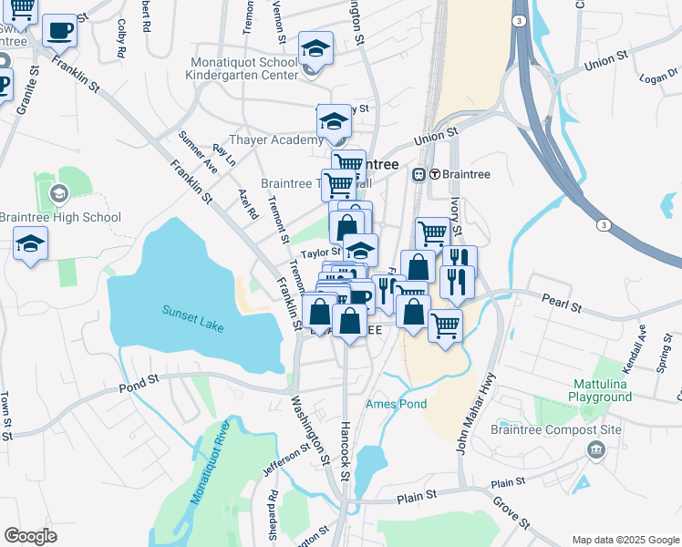 map of restaurants, bars, coffee shops, grocery stores, and more near 857 Washington Street in Braintree