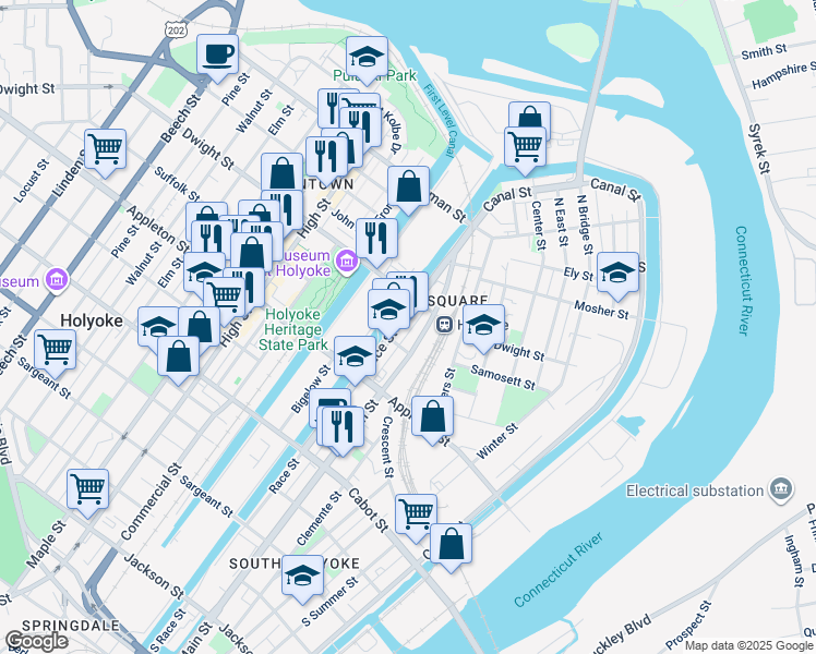 map of restaurants, bars, coffee shops, grocery stores, and more near 61-121 Race Street in Holyoke