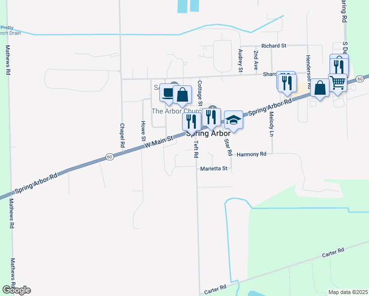map of restaurants, bars, coffee shops, grocery stores, and more near 114 Baker Street in Spring Arbor