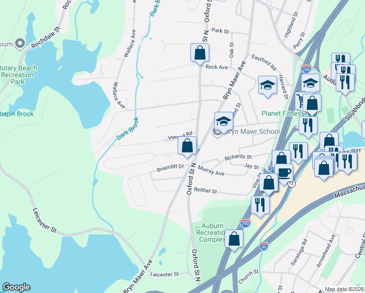 map of restaurants, bars, coffee shops, grocery stores, and more near 4 Mayfield Road in Auburn