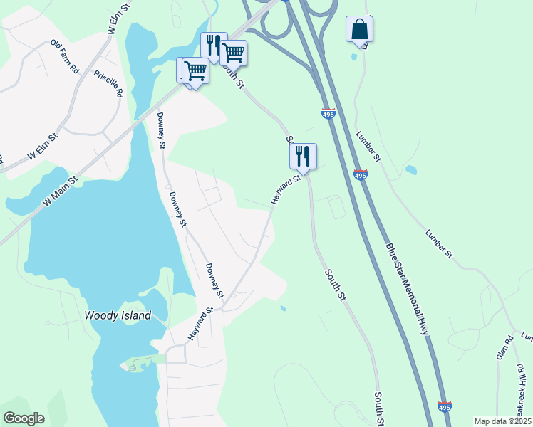 map of restaurants, bars, coffee shops, grocery stores, and more near 50 Hayward Street in Hopkinton