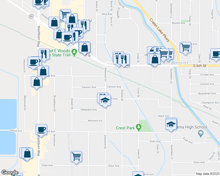 map of restaurants, bars, coffee shops, grocery stores, and more near 2610 Altamont Drive in Klamath Falls