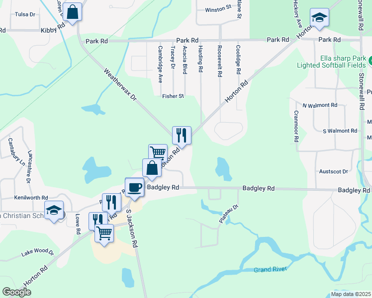 map of restaurants, bars, coffee shops, grocery stores, and more near 1523 Horton Road in Jackson