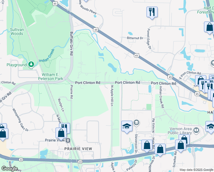 map of restaurants, bars, coffee shops, grocery stores, and more near 23111 North Prairie Lane in Lake County