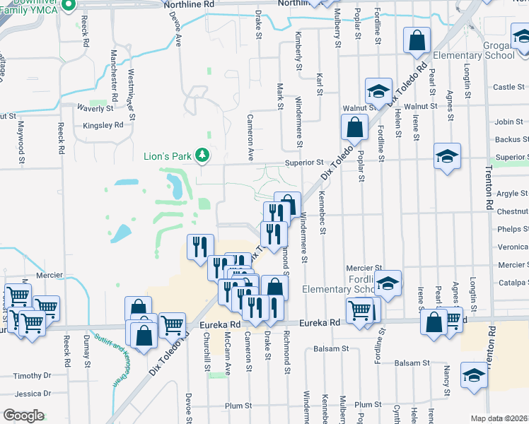 map of restaurants, bars, coffee shops, grocery stores, and more near 14400 Dix Toledo Road in Southgate