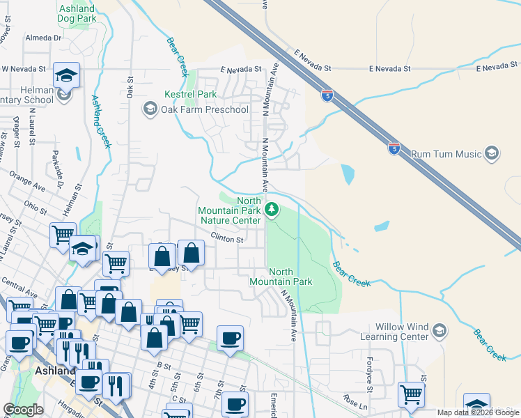 map of restaurants, bars, coffee shops, grocery stores, and more near 607 North Mountain Avenue in Ashland