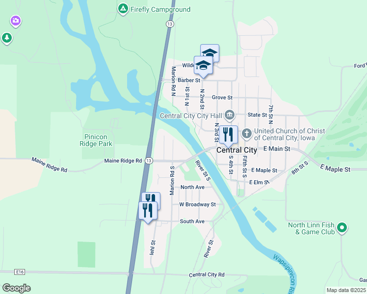map of restaurants, bars, coffee shops, grocery stores, and more near 57 North River Street in Central City