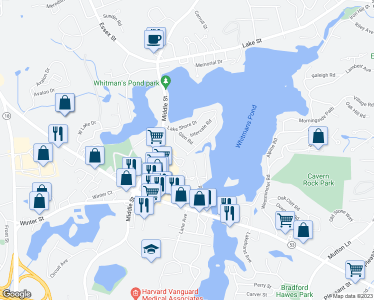 map of restaurants, bars, coffee shops, grocery stores, and more near 50 Pine Ridge Road in Weymouth