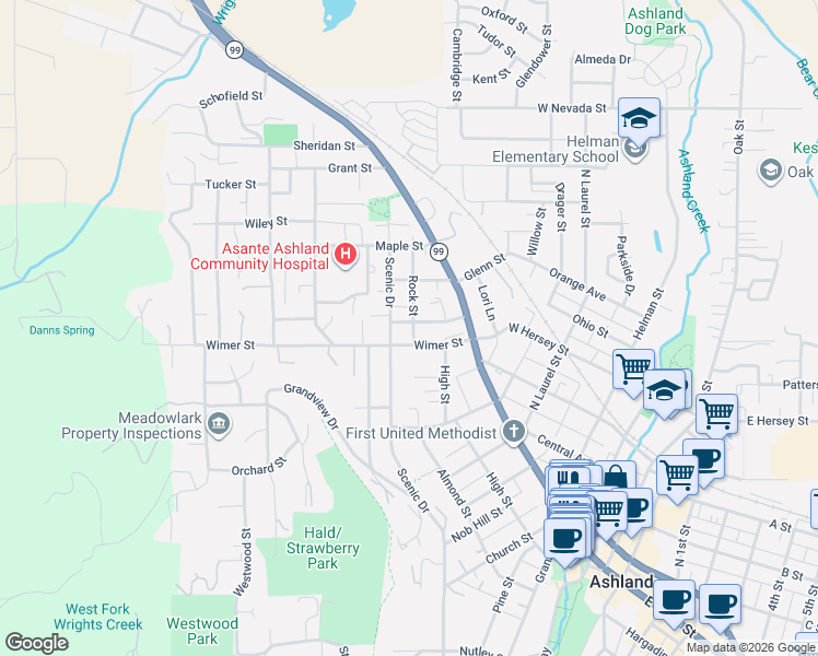 map of restaurants, bars, coffee shops, grocery stores, and more near 126 Nursery Street in Ashland