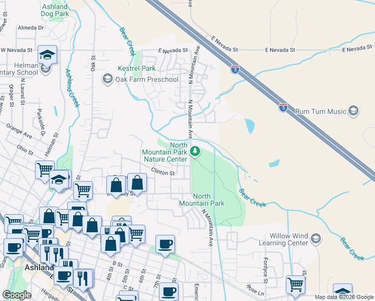 map of restaurants, bars, coffee shops, grocery stores, and more near 607 North Mountain Avenue in Ashland
