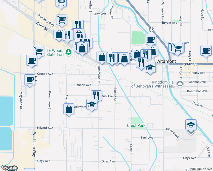 map of restaurants, bars, coffee shops, grocery stores, and more near 3504 Cannon Avenue in Klamath Falls