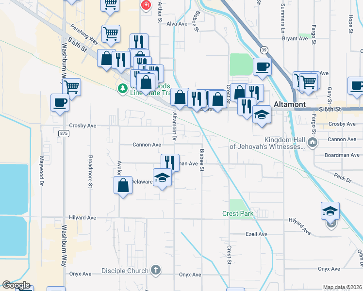 map of restaurants, bars, coffee shops, grocery stores, and more near 2610 Altamont Drive in Klamath Falls