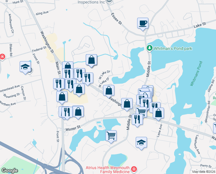 map of restaurants, bars, coffee shops, grocery stores, and more near 34 Cynthia Circle in Weymouth