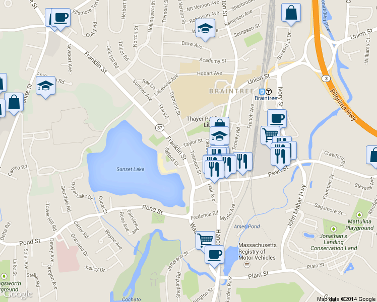 map of restaurants, bars, coffee shops, grocery stores, and more near 57 Tremont Street in Braintree