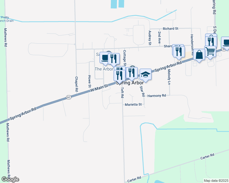 map of restaurants, bars, coffee shops, grocery stores, and more near 114 Baker Street in Spring Arbor