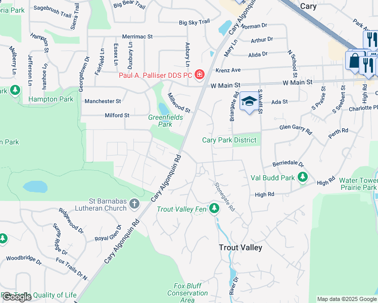 map of restaurants, bars, coffee shops, grocery stores, and more near 271 Country Commons Road in Cary