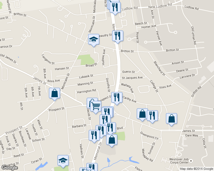 map of restaurants, bars, coffee shops, grocery stores, and more near 46 Dorothy Street in Chicopee