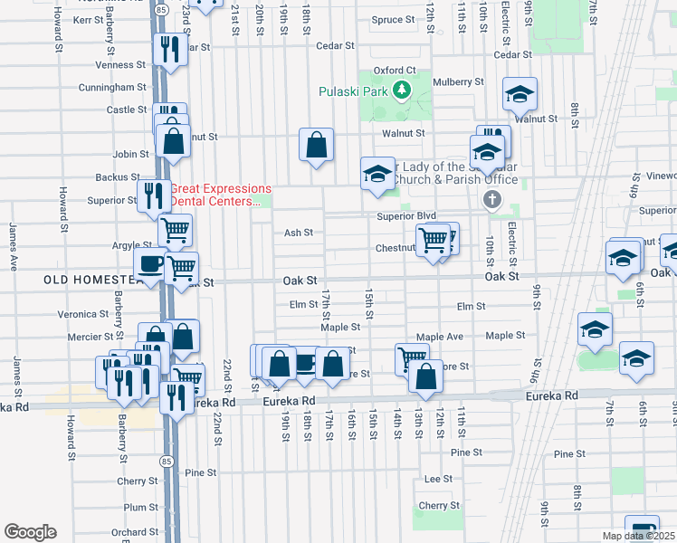 map of restaurants, bars, coffee shops, grocery stores, and more near 1564 Oak Street in Wyandotte