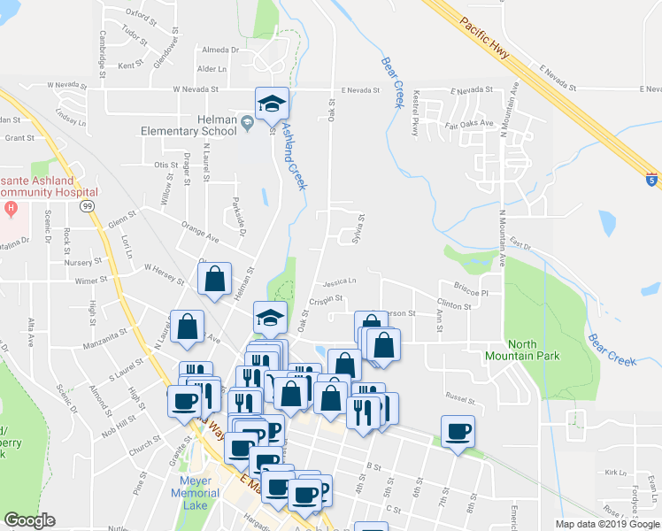 map of restaurants, bars, coffee shops, grocery stores, and more near 680 Oak Street in Ashland